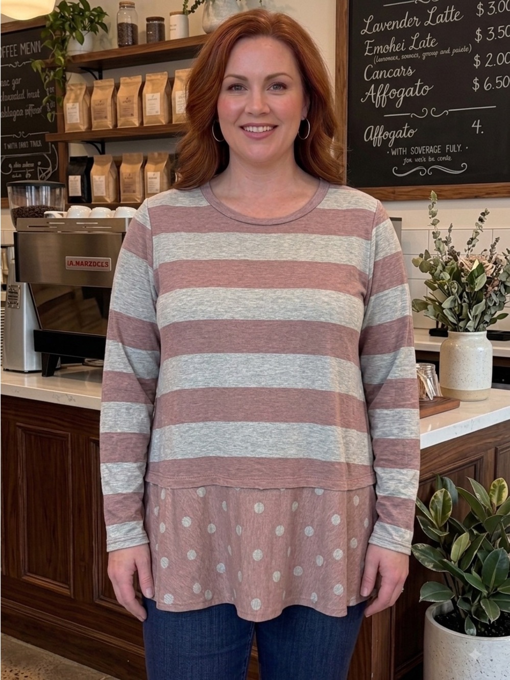 Women’s Long-Sleeve Striped and Polka Dot Peplum Top — Pink & Gray